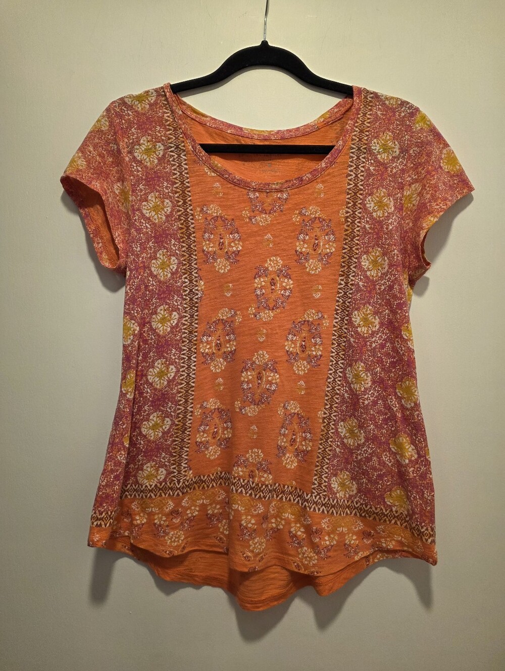 Lucky Brand Orange & Pink Floral Short Sleeve Top Sz Small